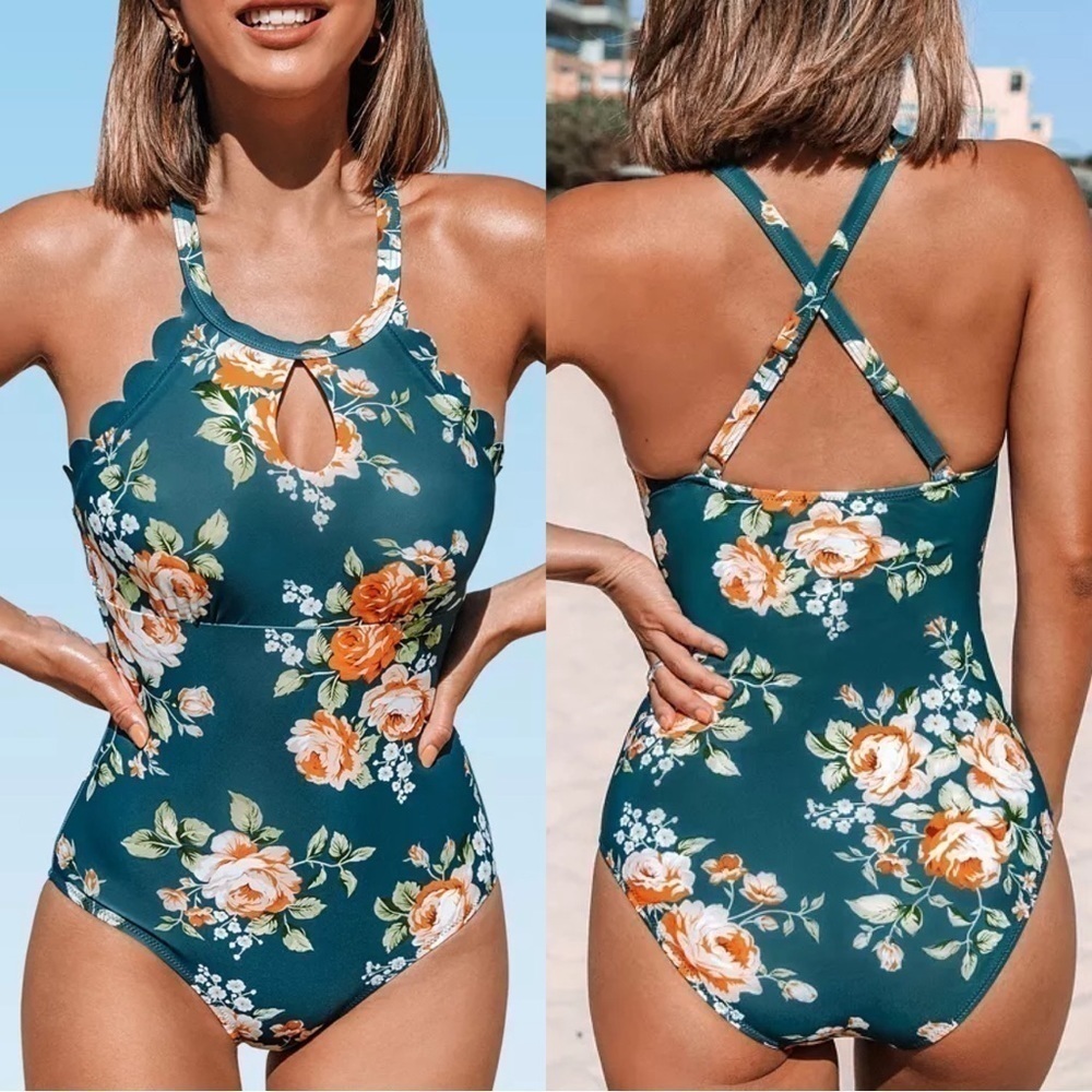 NWT Green One Piece Bathing Suit Size XS Orange Floral Print Scalloped